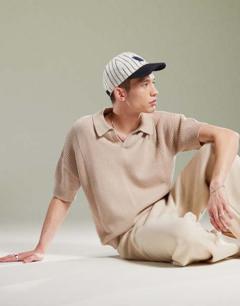 ASOS DESIGN relaxed knitted notch neck polo in stone