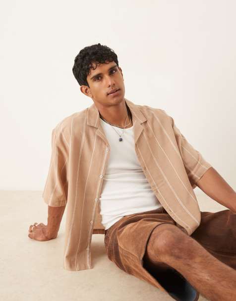 ASOS DESIGN boxy oversized revere textured shirt in stone and white stripe