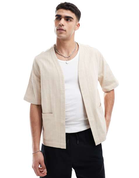 ASOS DESIGN textured kimono shirt in stone