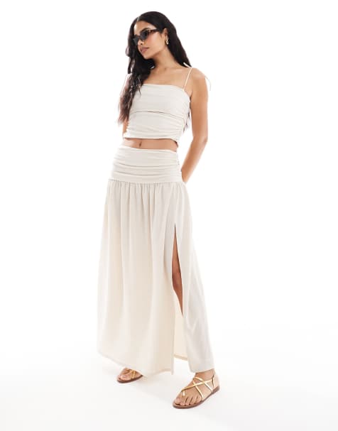ASOS DESIGN co-ord textured ruched side drop waist maxi skirt with split front in stone