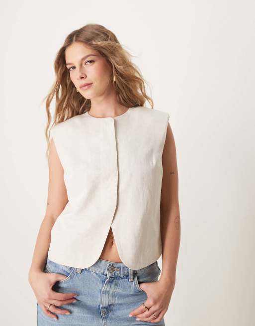 ASOS DESIGN – Szarobeżowa kamizelka o pudełkowym kroju z wycięciem z dodatkiem lnu