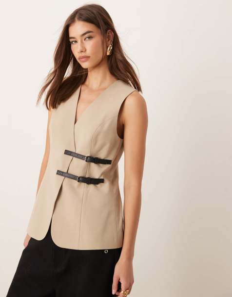 ASOS DESIGN longline waistcoat with belt detail in stone