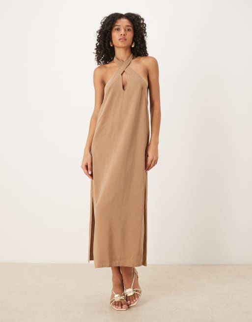 ASOS DESIGN – Szarobeżowa kolumnowa sukienka midi ze skrzyżowanym dekoltem i rozcięciem z boku