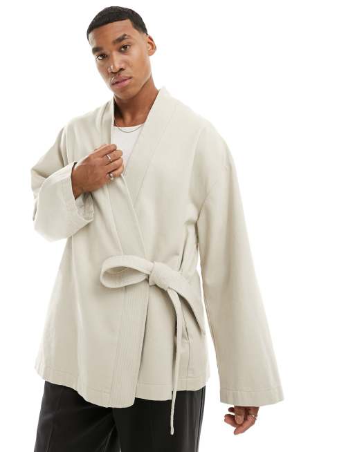 ASOS DESIGN – Szarobeżowa kopertowa kurtka oversize z domieszką lnu