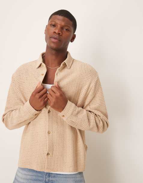 ASOS DESIGN boxy oversized shirt with knitted textured in stone