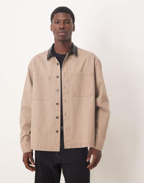 ASOS DESIGN – Szarobeżowa koszula oversize z kołnierzem z imitacji skóry - view 1