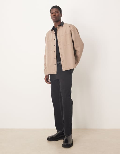 ASOS DESIGN – Szarobeżowa koszula oversize z kołnierzem z imitacji skóry, 2 z 5