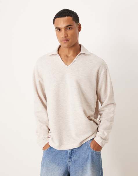 ASOS DESIGN – Szarobeżowa koszulka polo oversize z długimi rękawami z pętelkową wyściółką - view 1