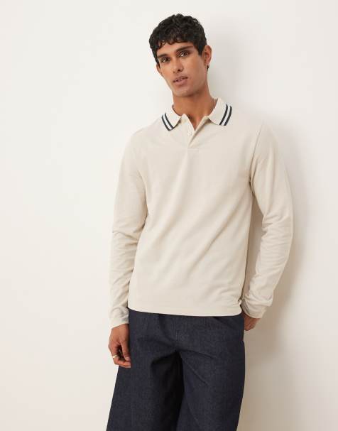 ASOS DESIGN – Szarobeżowa koszulka polo z piki z długim rękawem i granatowym lamówkami - view 1