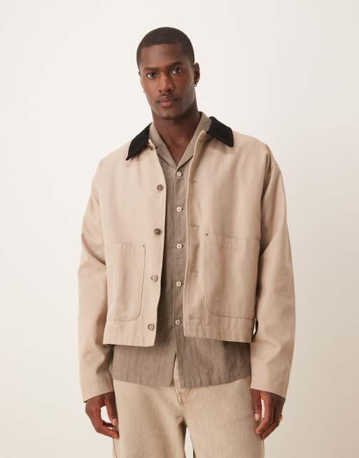 ASOS DESIGN – Szarobeżowa kurtka harrington oversize z efektem sprania i sztruksowym kołnierzem