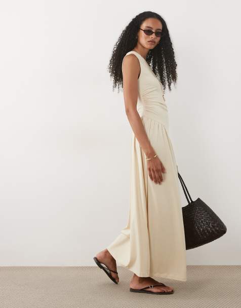 ASOS DESIGN – Szarobeżowa marszczona sukienka maxi na jedno ramię z obniżoną talią - view 1