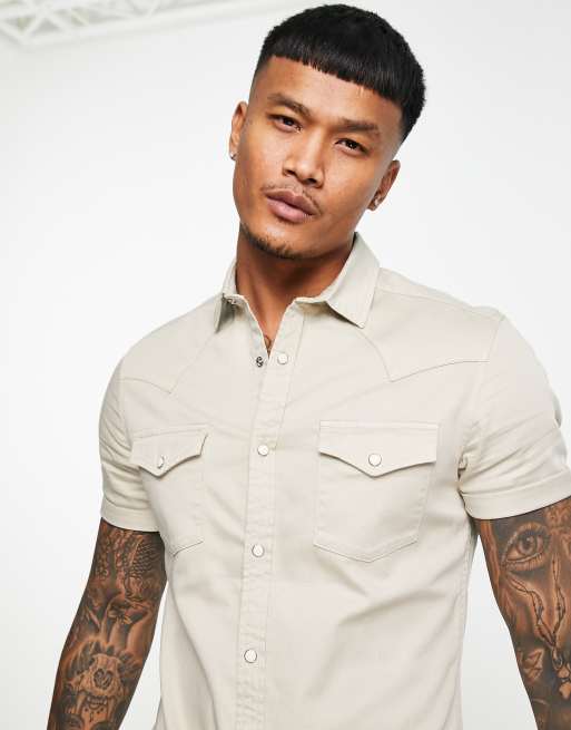 ASOS DESIGN – Szarobeżowa obcisła koszula w kowbojskim stylu, 2 z 4