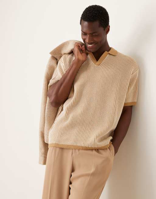 ASOS DESIGN – Szarobeżowa prążkowana koszulka polo oversize z dzianiny z wycięciem w dekolcie