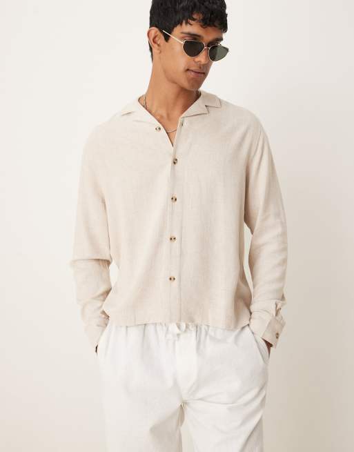 ASOS DESIGN – Szarobeżowa pudełkowa koszula z kołnierzykiem kubańskim z mieszanki lnianej
