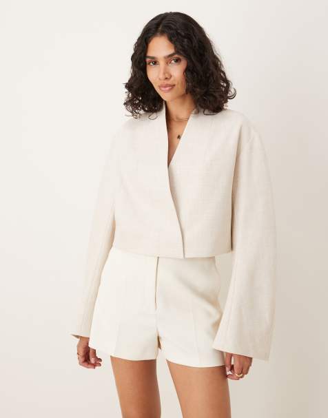 ASOS DESIGN boxy moulded sleeve blazer in stone herringbone