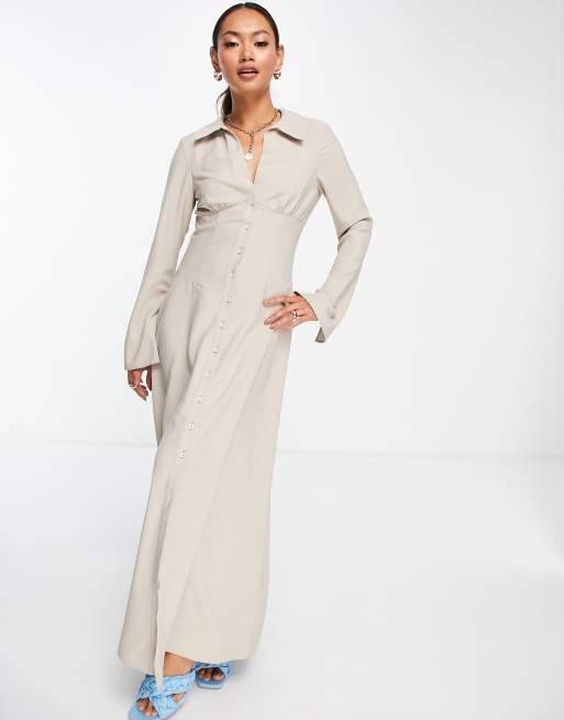 ASOS DESIGN – Szarobeżowa sukienka koszulowa maxi o panelowym fasonie w stylu lat 70. z guzikami
