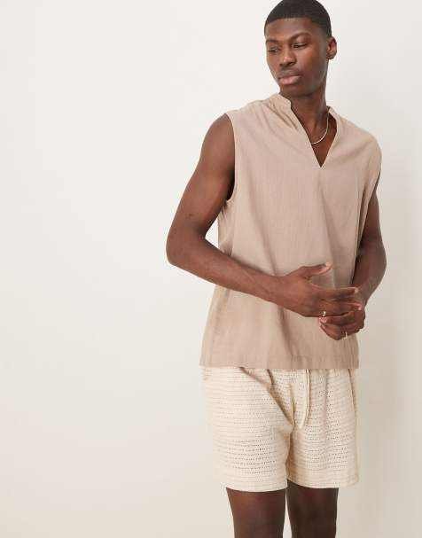 ASOS DESIGN overhead shirt with grandad collar in stone