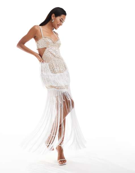 ASOS DESIGN cupped embellished cut out maxi dress with fringing in stone