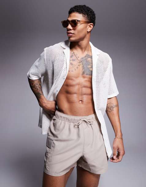 ASOS DESIGN swim shorts in short length with cargo pockets in stone