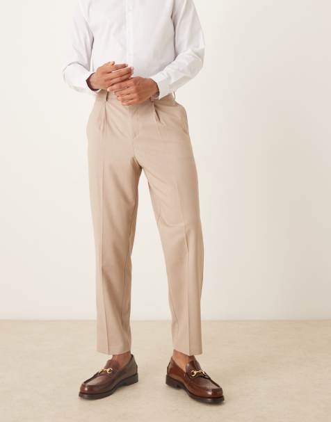 ASOS DESIGN smart relaxed tapered flannel trousers in stone with front pleat