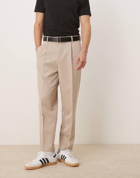 ASOS DESIGN smart relaxed tapered fit trousers with front pleat in stone