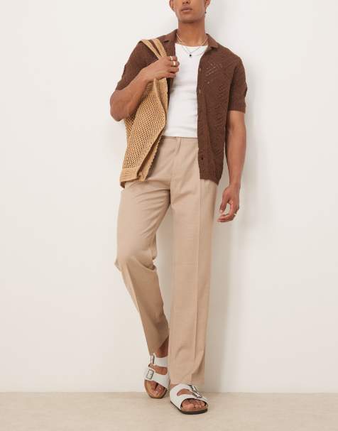 ASOS DESIGN – Szarobeżowe eleganckie regulowane po bokach spodnie z prostymi nogawkami i zakładkami z przodu o wyglądzie lnu - view 1