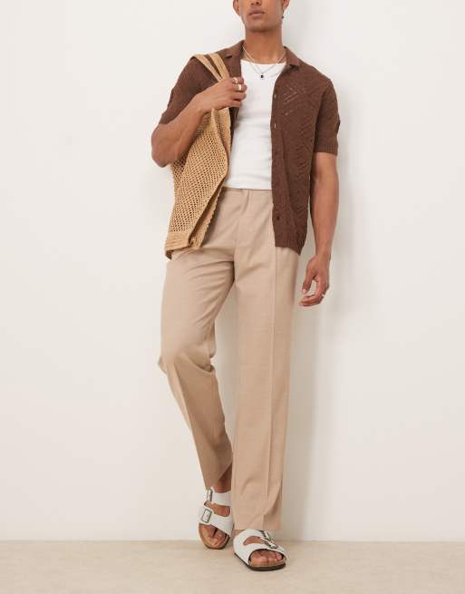 ASOS DESIGN – Szarobeżowe eleganckie regulowane po bokach spodnie z prostymi nogawkami i zakładkami z przodu o wyglądzie lnu
