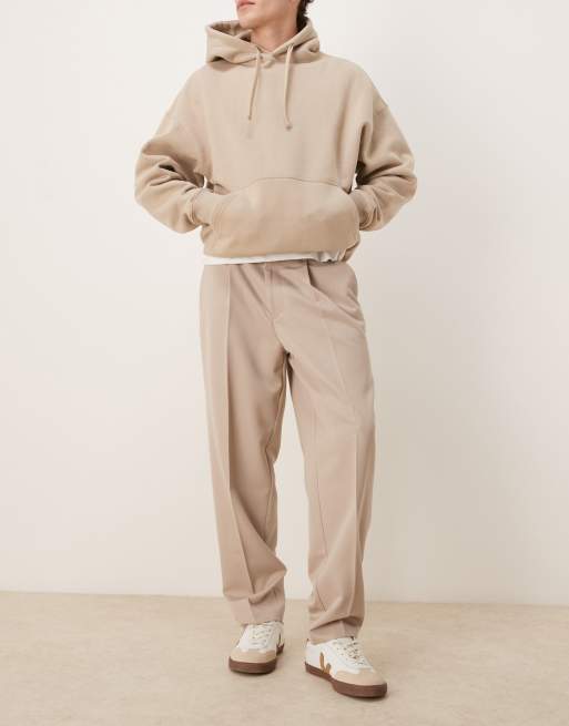 ASOS DESIGN – Szarobeżowe eleganckie spodnie oversize o zwężanym kroju z zakładkami z przodu