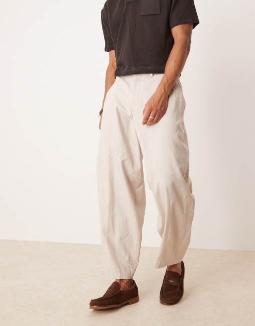 ASOS DESIGN – Szarobeżowe eleganckie spodnie z baryłkowymi nogawkami z domieszką lnu