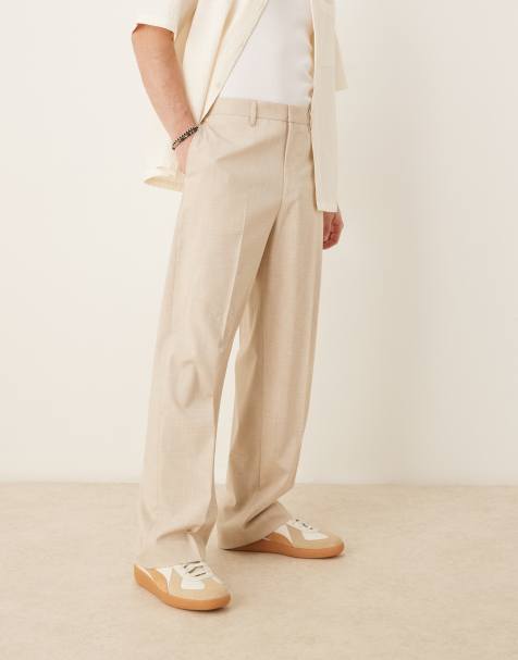 ASOS DESIGN smart wide leg trousers with crosshatch fabrication in stone