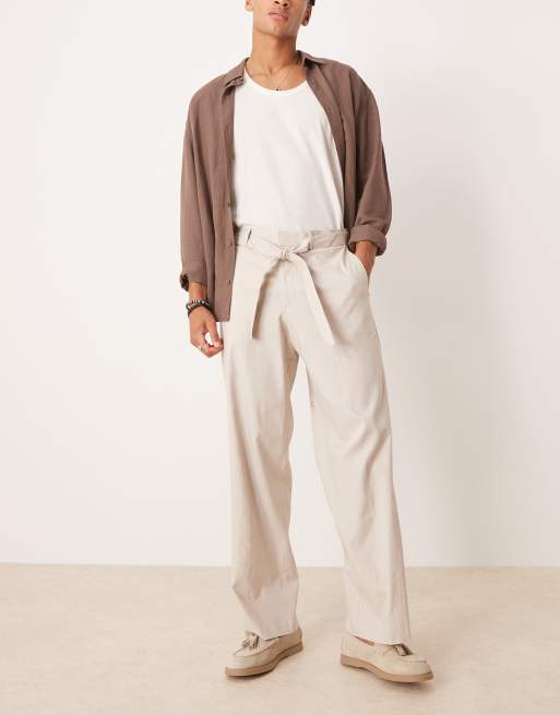 ASOS DESIGN – Szarobeżowe eleganckie spodnie z szerokimi nogawkami i paskiem z domieszką lnu