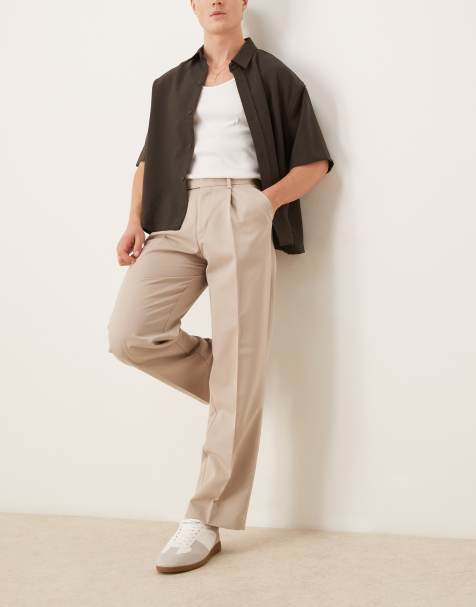 ASOS DESIGN smart wide leg trousers with front pleat in stone