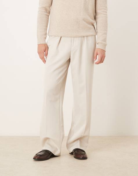 ASOS DESIGN smart wide leg trouser with double pleats in stone