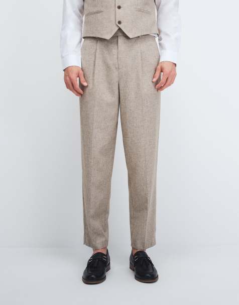 ASOS DESIGN – Szarobeżowe luźne spodnie garniturowe z domieszką lnu - view 1