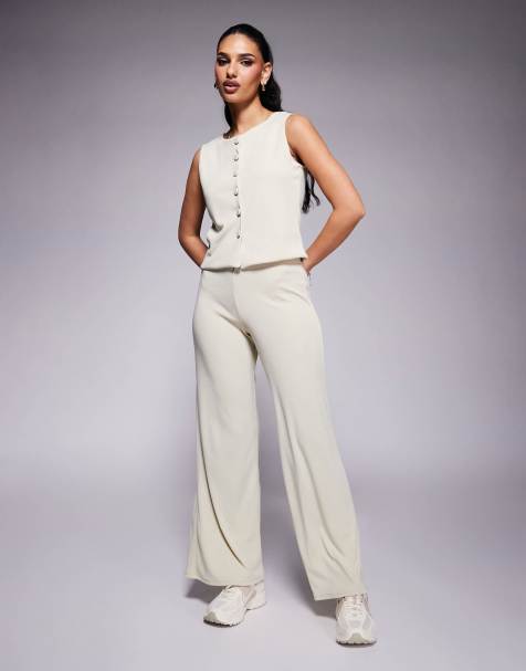 ASOS DESIGN co-ord rib wide leg trouser in stone