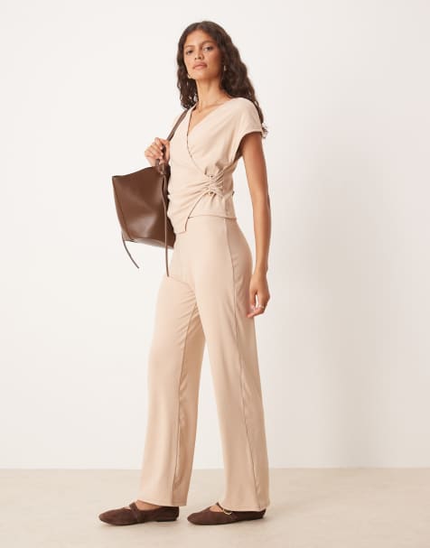 ASOS DESIGN wide leg trouser co-ord in stone