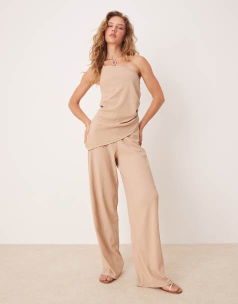 ASOS DESIGN co-ord linear textured wide leg trouser in stone