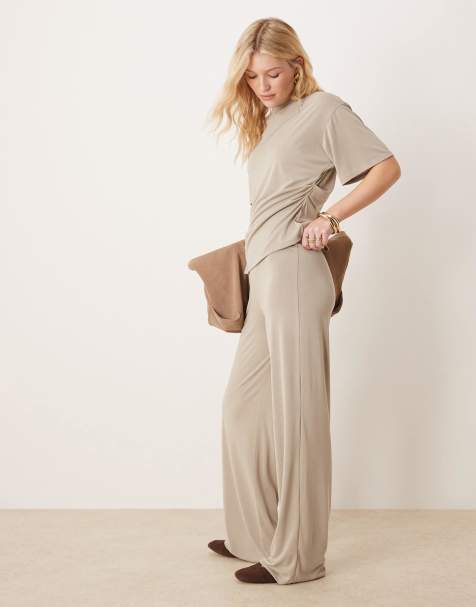 ASOS DESIGN modal wide leg trouser co-ord in stone