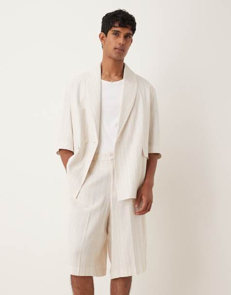 ASOS DESIGN linen mix oversized bermuda suit shorts in stone pinstripe