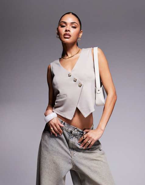 ASOS DESIGN asymmetric waistcoat top in stone