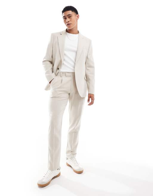 ASOS DESIGN – Szarobeżowy, dopasowany garnitur z domieszką wełny, w jodełkę
