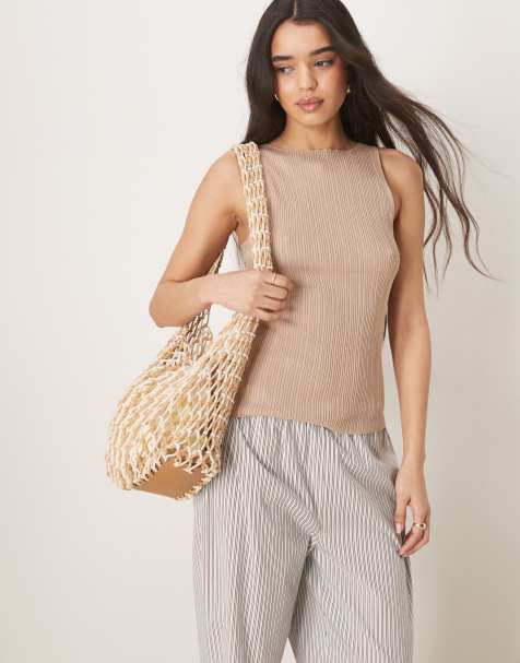 ASOS DESIGN knitted slash neck rib cami top in taupe