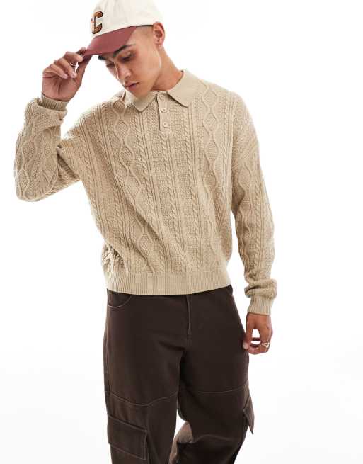 ASOS DESIGN – Szarobeżowy dzianinowy sweter o luźnym kroju z kołnierzykiem polo i warkoczowym splotem