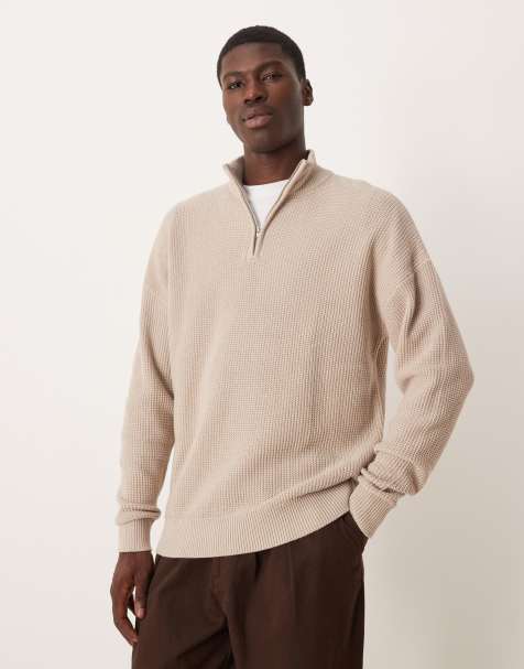 ASOS DESIGN relaxed knitted pique funnel neck jumper in stone