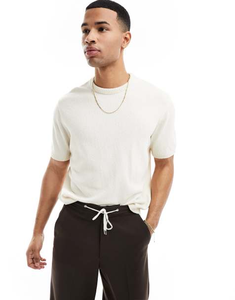 ASOS DESIGN – Szarobeżowy fakturowany T-shirt dzianinowy o luźnym kroju - view 1