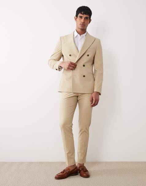 ASOS DESIGN – Szarobeżowy garnitur o obcisłym kroju z diagonalu z dwurzędową marynarką - view 1