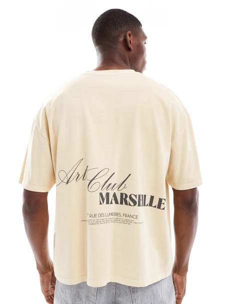 ASOS DESIGN – Szarobeżowy gruby T-shirt o pudełkowym kroju oversize z efektem sprania i pigmentacji oraz letnią grafiką - view 1