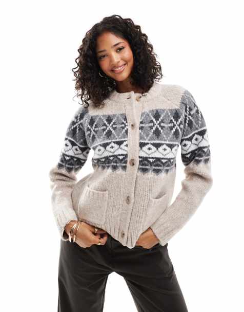 ASOS DESIGN – Szarobeżowy kardigan z okrągłym dekoltem w skandynawski wzór - view 1