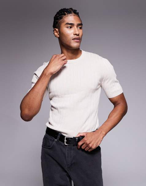 ASOS DESIGN muscle fit lightweight knitted rib t-shirt in stone