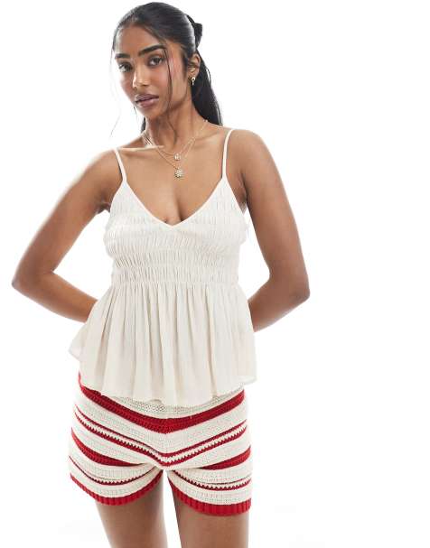 ASOS DESIGN V neck shirred cami in stone